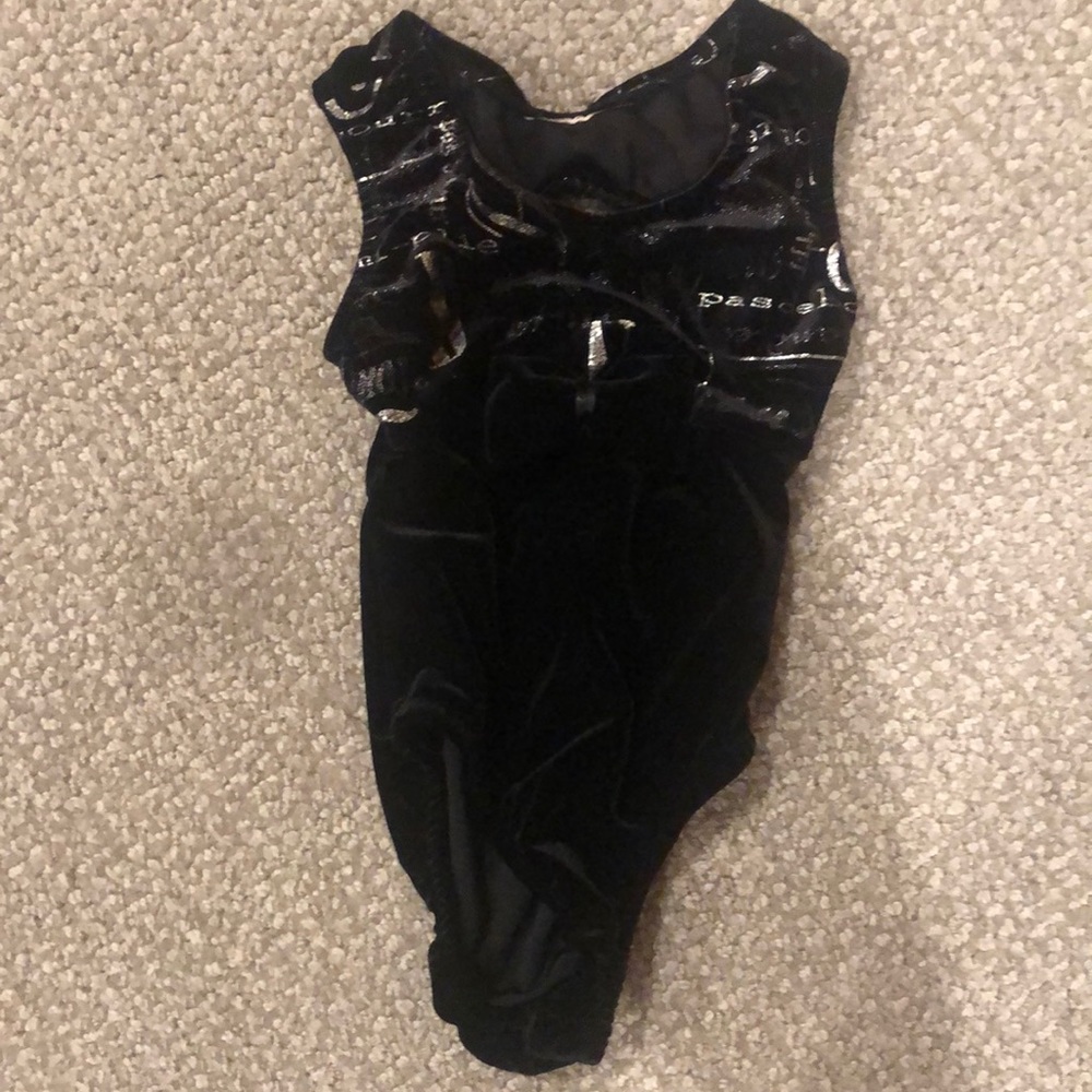 Black velvet with silver lettering dance leotard